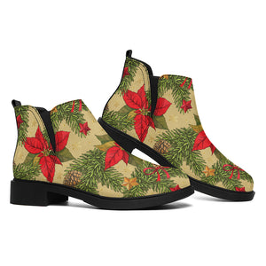 Vintage Christmas Poinsettia Print Flat Ankle Boots