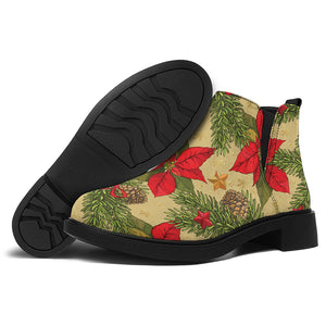 Vintage Christmas Poinsettia Print Flat Ankle Boots