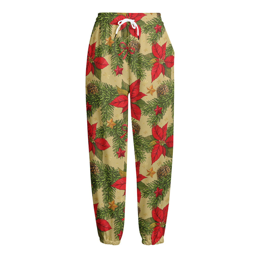 Vintage Christmas Poinsettia Print Fleece Lined Knit Pants