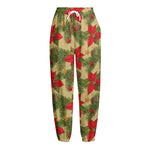 Vintage Christmas Poinsettia Print Fleece Lined Knit Pants