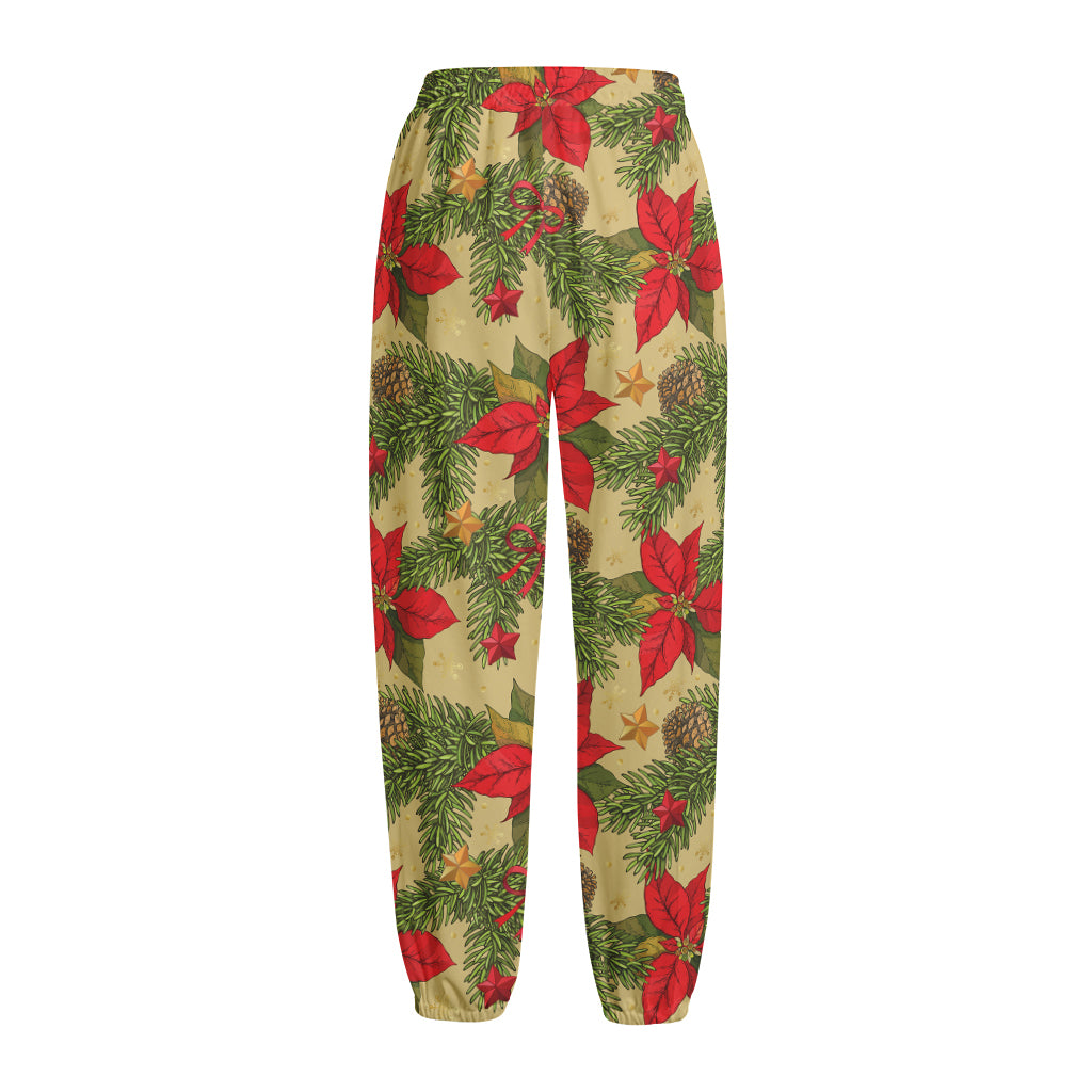 Vintage Christmas Poinsettia Print Fleece Lined Knit Pants