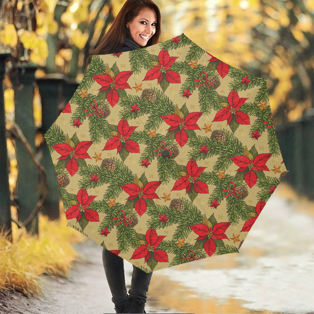 Vintage Christmas Poinsettia Print Foldable Umbrella
