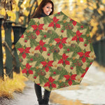 Vintage Christmas Poinsettia Print Foldable Umbrella