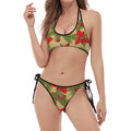 Vintage Christmas Poinsettia Print Halter Scoop Tie Side Bikini