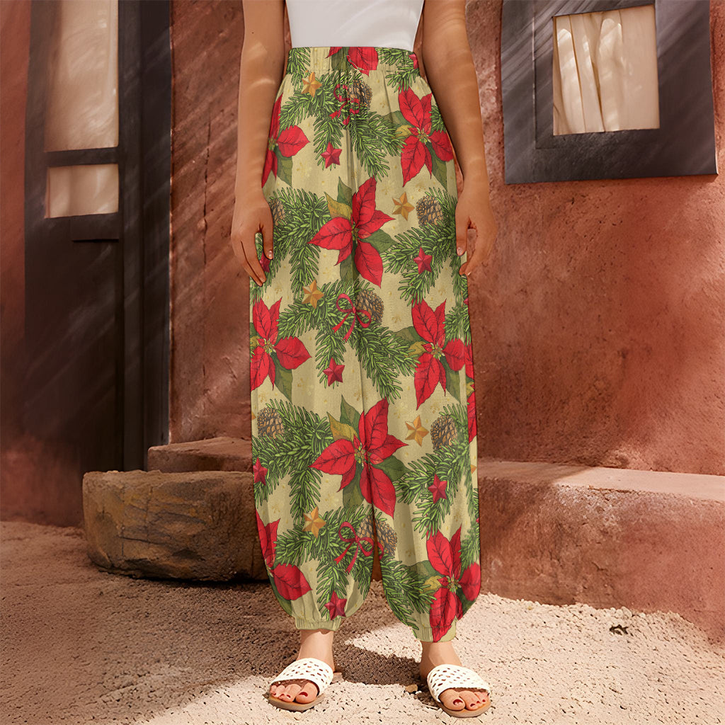 Vintage Christmas Poinsettia Print Harem Pants