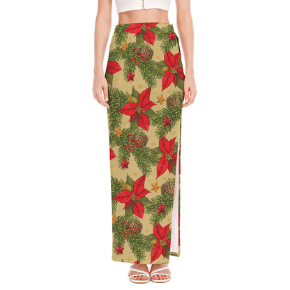 Vintage Christmas Poinsettia Print High Slit Maxi Skirt
