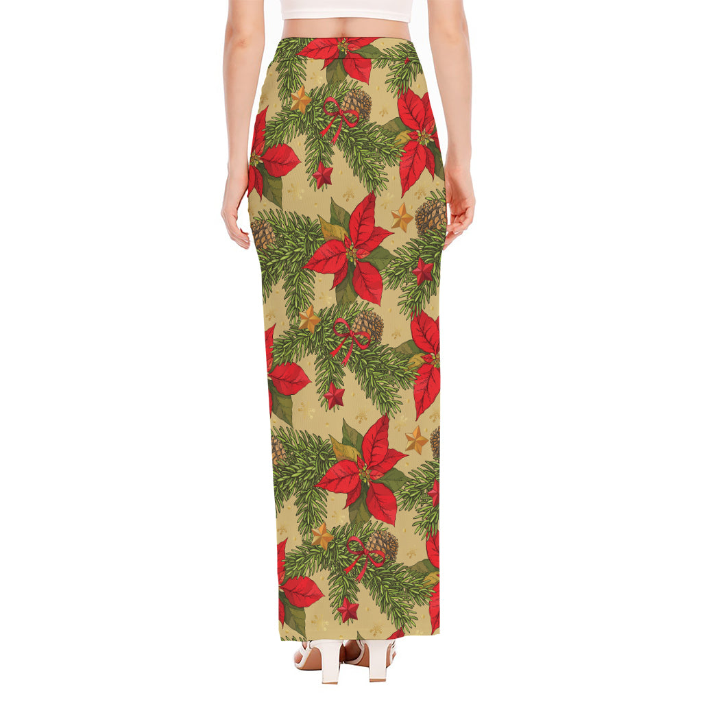 Vintage Christmas Poinsettia Print High Slit Maxi Skirt