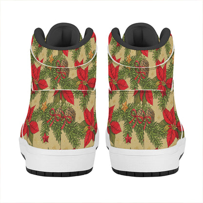 Vintage Christmas Poinsettia Print High Top Leather Sneakers