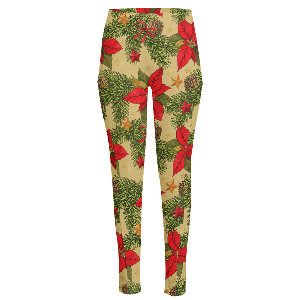 Vintage Christmas Poinsettia Print High-Waisted Pocket Leggings