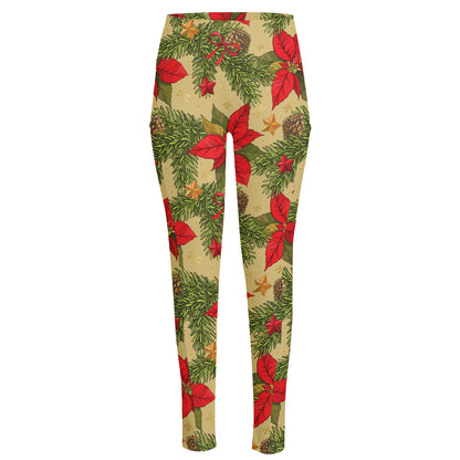 Vintage Christmas Poinsettia Print High-Waisted Pocket Leggings