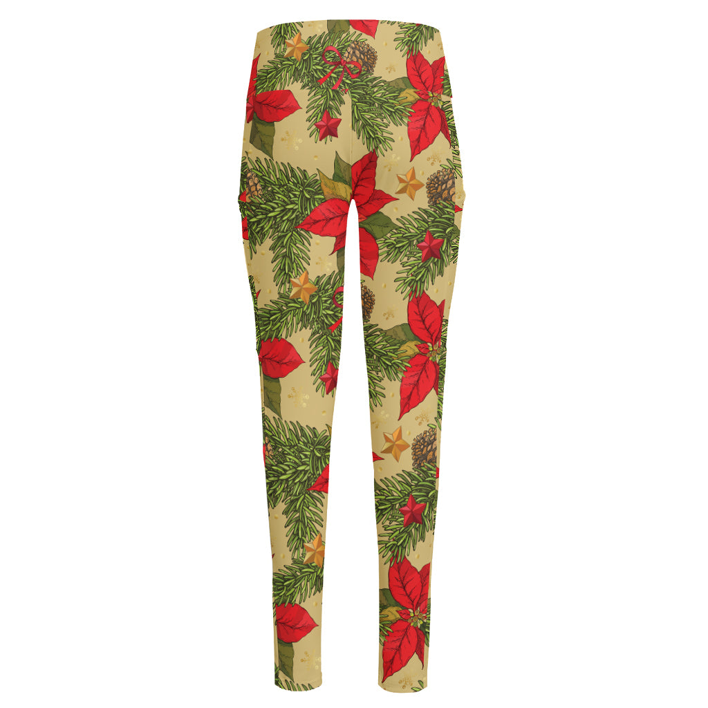 Vintage Christmas Poinsettia Print High-Waisted Pocket Leggings