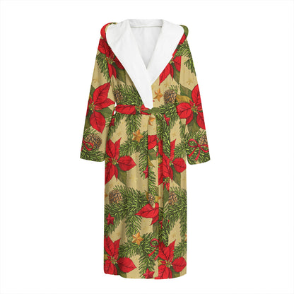 Vintage Christmas Poinsettia Print Hooded Bathrobe