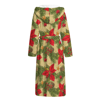 Vintage Christmas Poinsettia Print Hooded Bathrobe