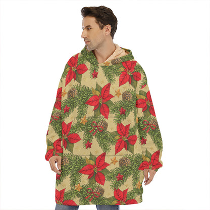 Vintage Christmas Poinsettia Print Hoodie Blanket