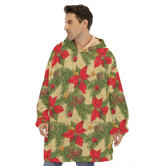 Vintage Christmas Poinsettia Print Hoodie Blanket