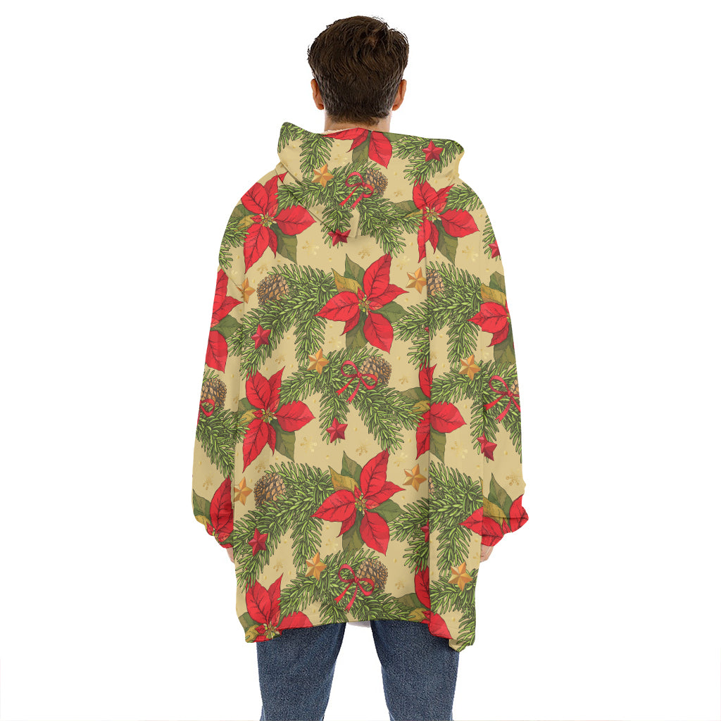 Vintage Christmas Poinsettia Print Hoodie Blanket