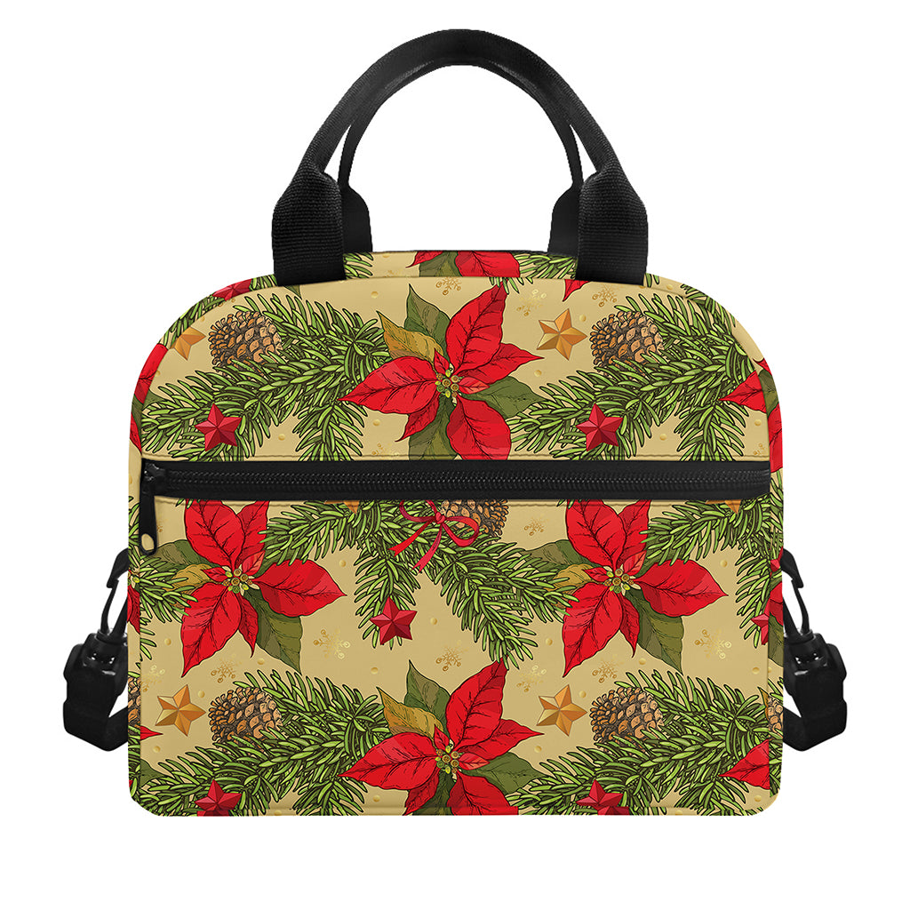 Vintage Christmas Poinsettia Print Insulated Lunch Bag
