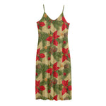 Vintage Christmas Poinsettia Print Jersey Midi Cami Dress