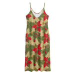 Vintage Christmas Poinsettia Print Jersey Midi Cami Dress