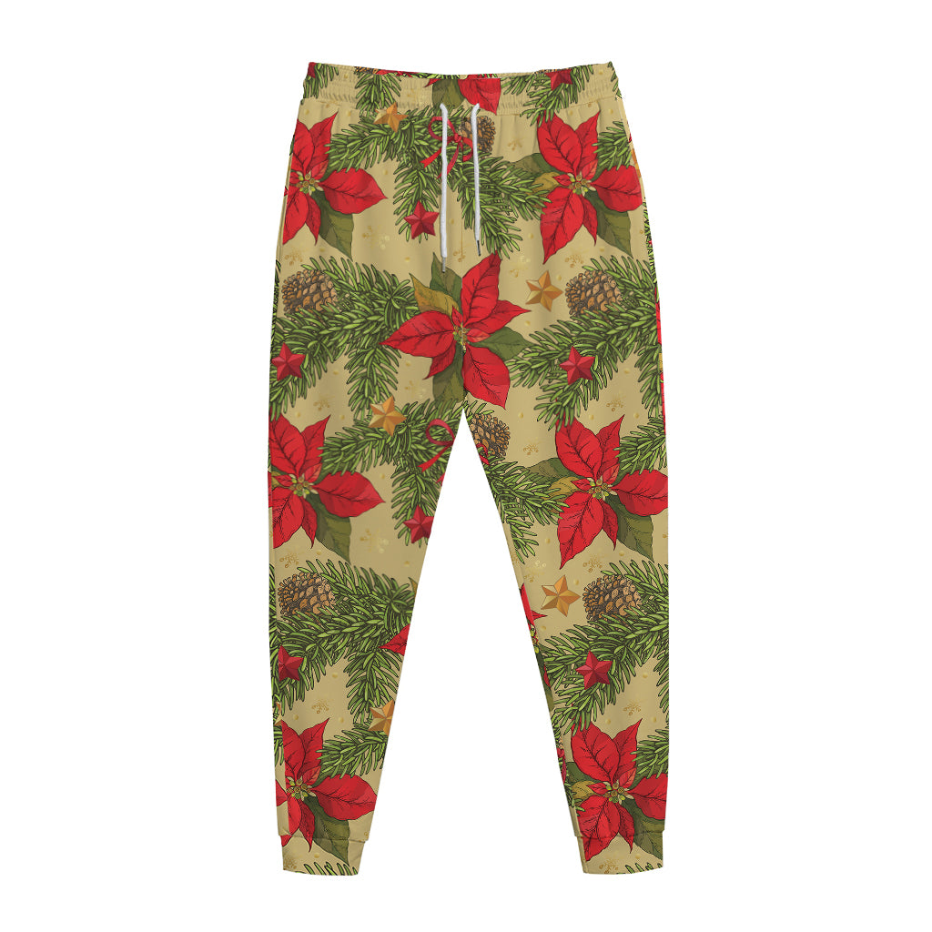 Vintage Christmas Poinsettia Print Jogger Pants