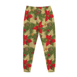 Vintage Christmas Poinsettia Print Jogger Pants