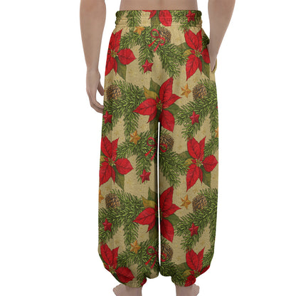 Vintage Christmas Poinsettia Print Lantern Pants
