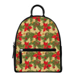 Vintage Christmas Poinsettia Print Leather Backpack