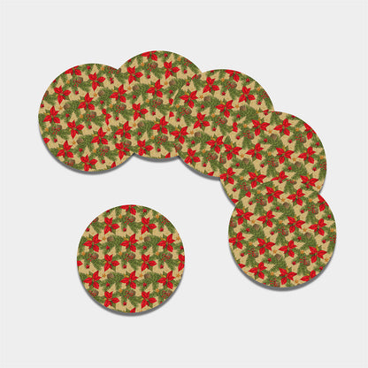 Vintage Christmas Poinsettia Print Leather Coaster Set