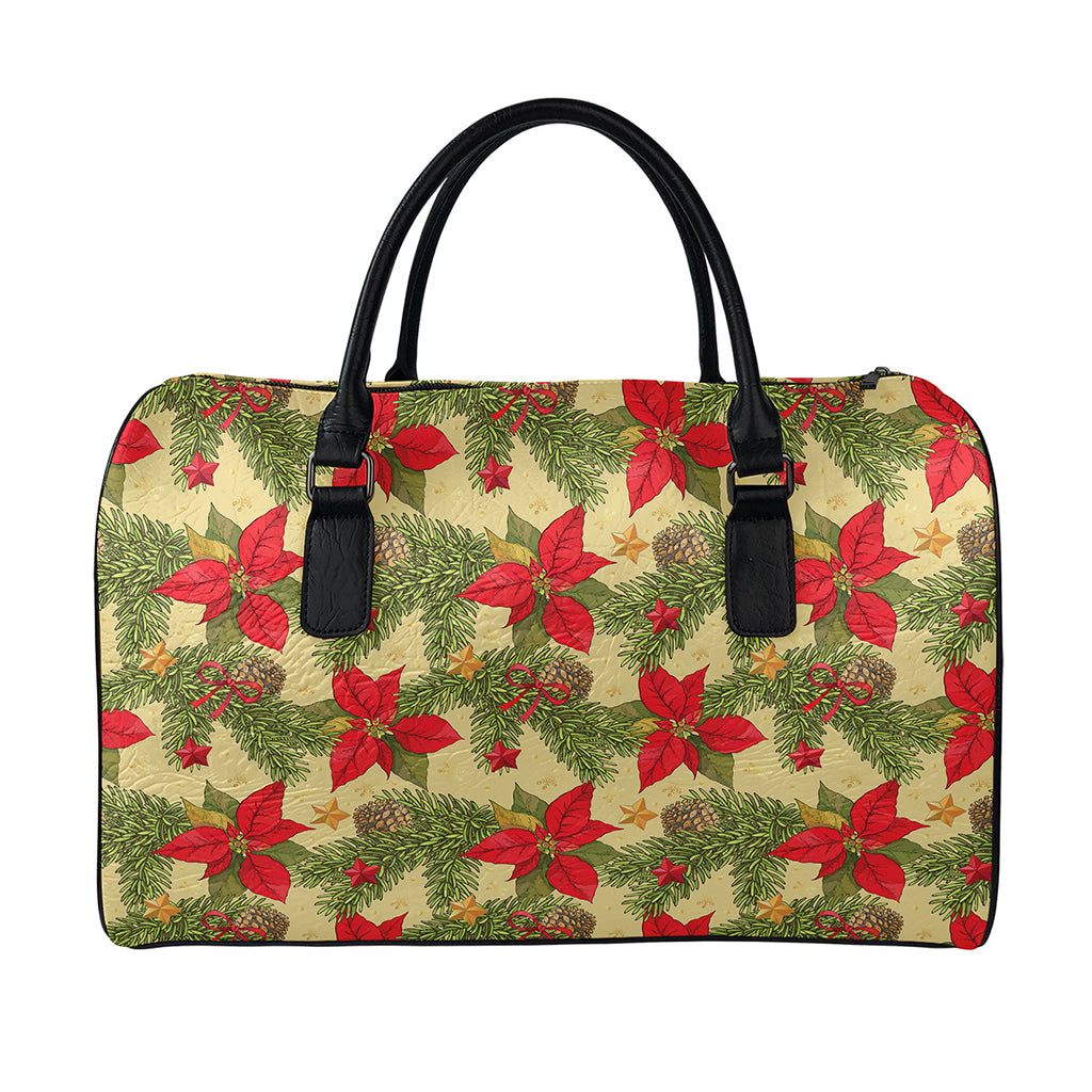Vintage Christmas Poinsettia Print Leather Duffle Bag