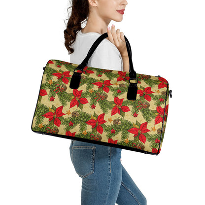 Vintage Christmas Poinsettia Print Leather Duffle Bag