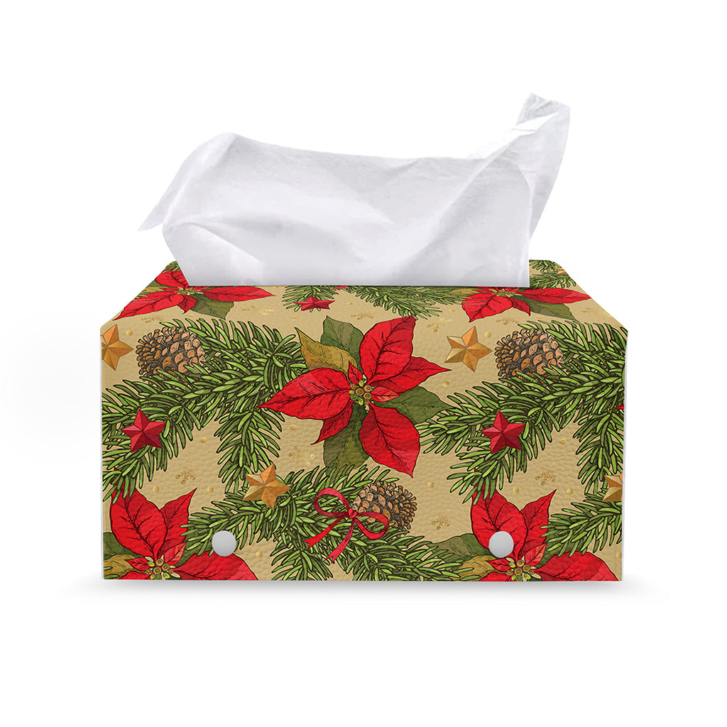 Vintage Christmas Poinsettia Print Leather Tissue Box Cover