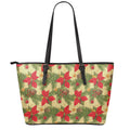 Vintage Christmas Poinsettia Print Leather Tote Bag With Zipper