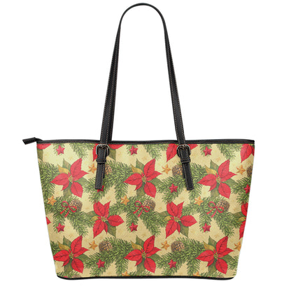 Vintage Christmas Poinsettia Print Leather Tote Bag