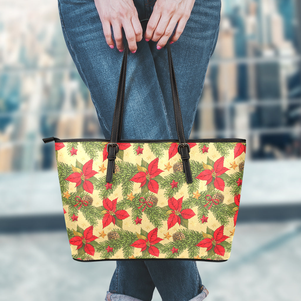 Vintage Christmas Poinsettia Print Leather Tote Bag