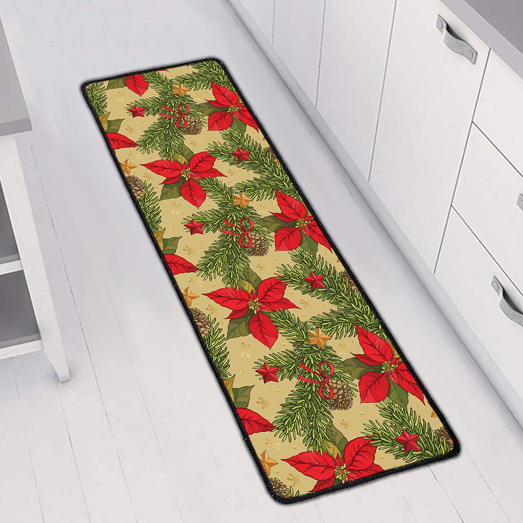 Vintage Christmas Poinsettia Print Long Kitchen Mat