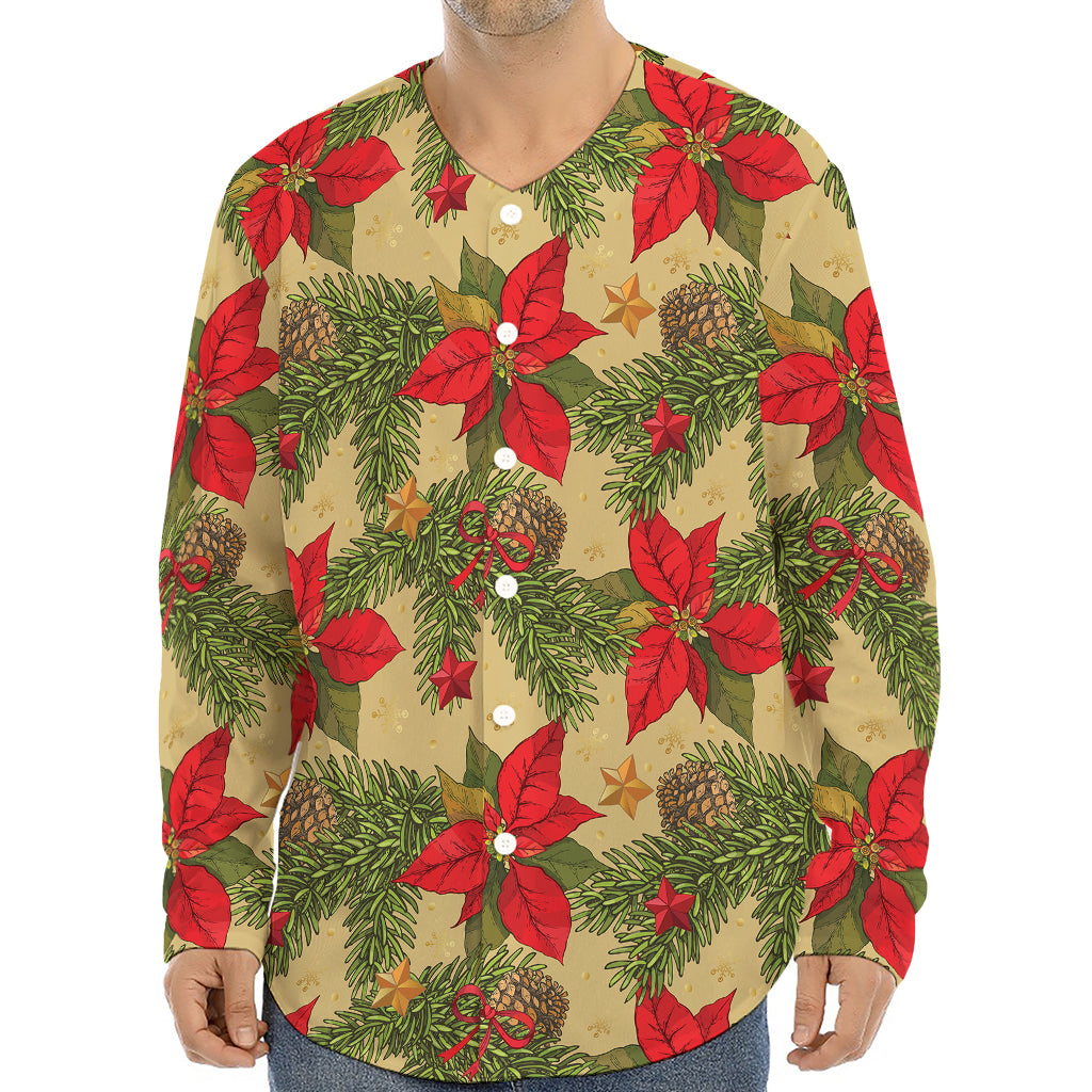 Vintage Christmas Poinsettia Print Long Sleeve Baseball Jersey