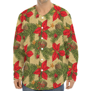 Vintage Christmas Poinsettia Print Long Sleeve Baseball Jersey