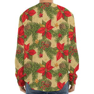 Vintage Christmas Poinsettia Print Long Sleeve Baseball Jersey