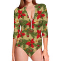 Vintage Christmas Poinsettia Print Long Sleeve Swimsuit