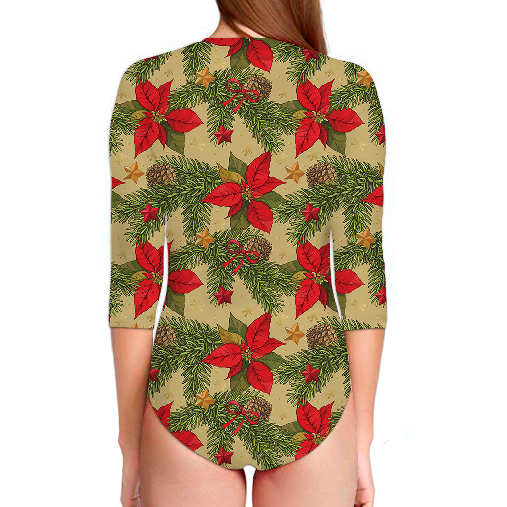 Vintage Christmas Poinsettia Print Long Sleeve Swimsuit