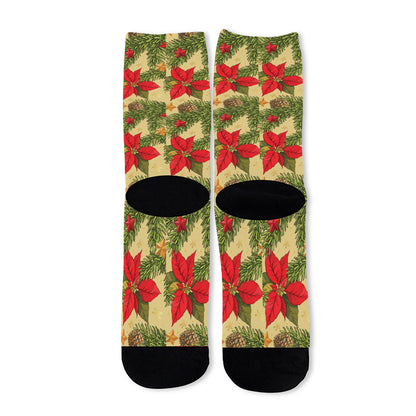 Vintage Christmas Poinsettia Print Long Socks