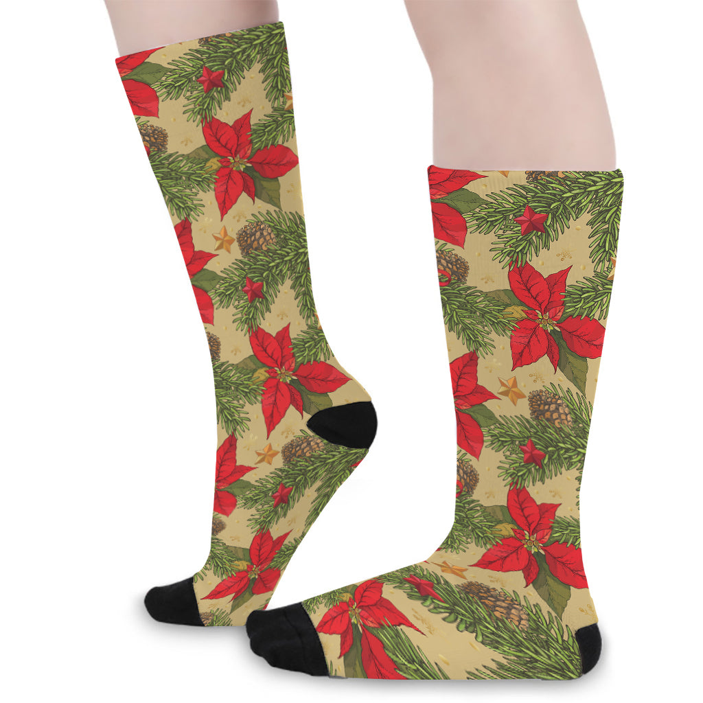 Vintage Christmas Poinsettia Print Long Socks