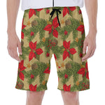 Vintage Christmas Poinsettia Print Men's Beach Shorts