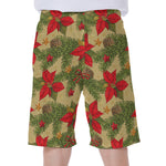 Vintage Christmas Poinsettia Print Men's Beach Shorts