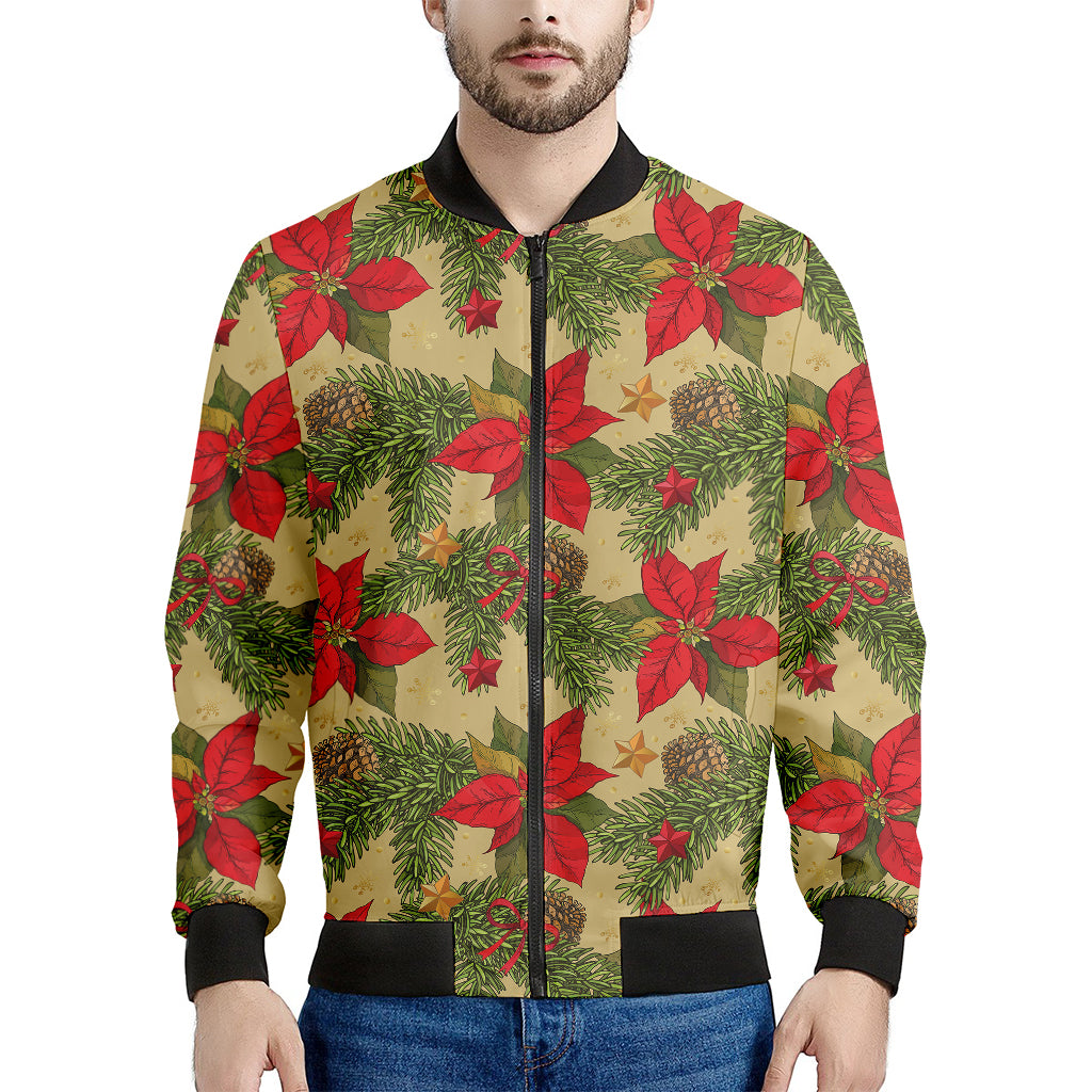 Vintage Christmas Poinsettia Print Men's Bomber Jacket