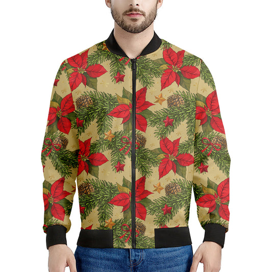 Vintage Christmas Poinsettia Print Men's Bomber Jacket