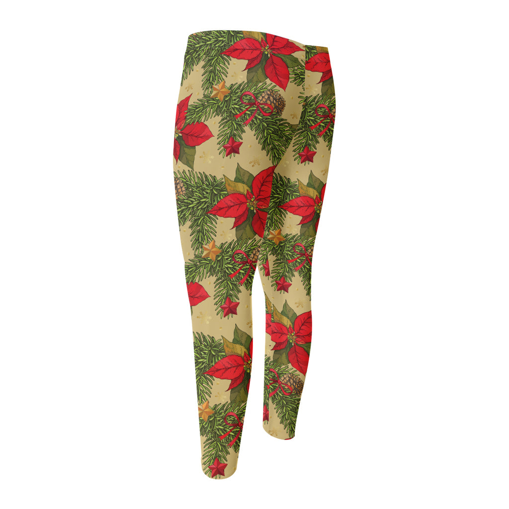 Vintage Christmas Poinsettia Print Men's Compression Pants