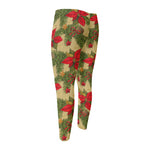 Vintage Christmas Poinsettia Print Men's Compression Pants