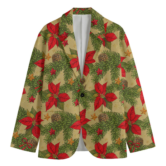 Vintage Christmas Poinsettia Print Men's Cotton Blazer