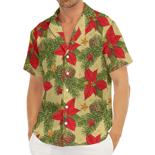 Vintage Christmas Poinsettia Print Men's Deep V-Neck Shirt